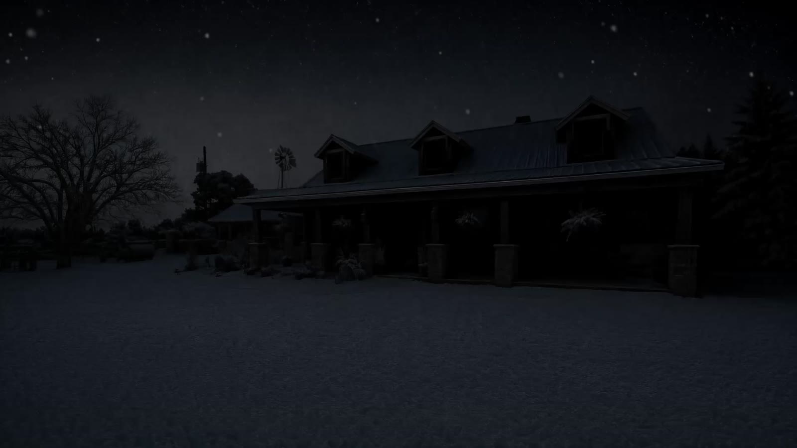A snow-covered ranch house at night before its lights come on