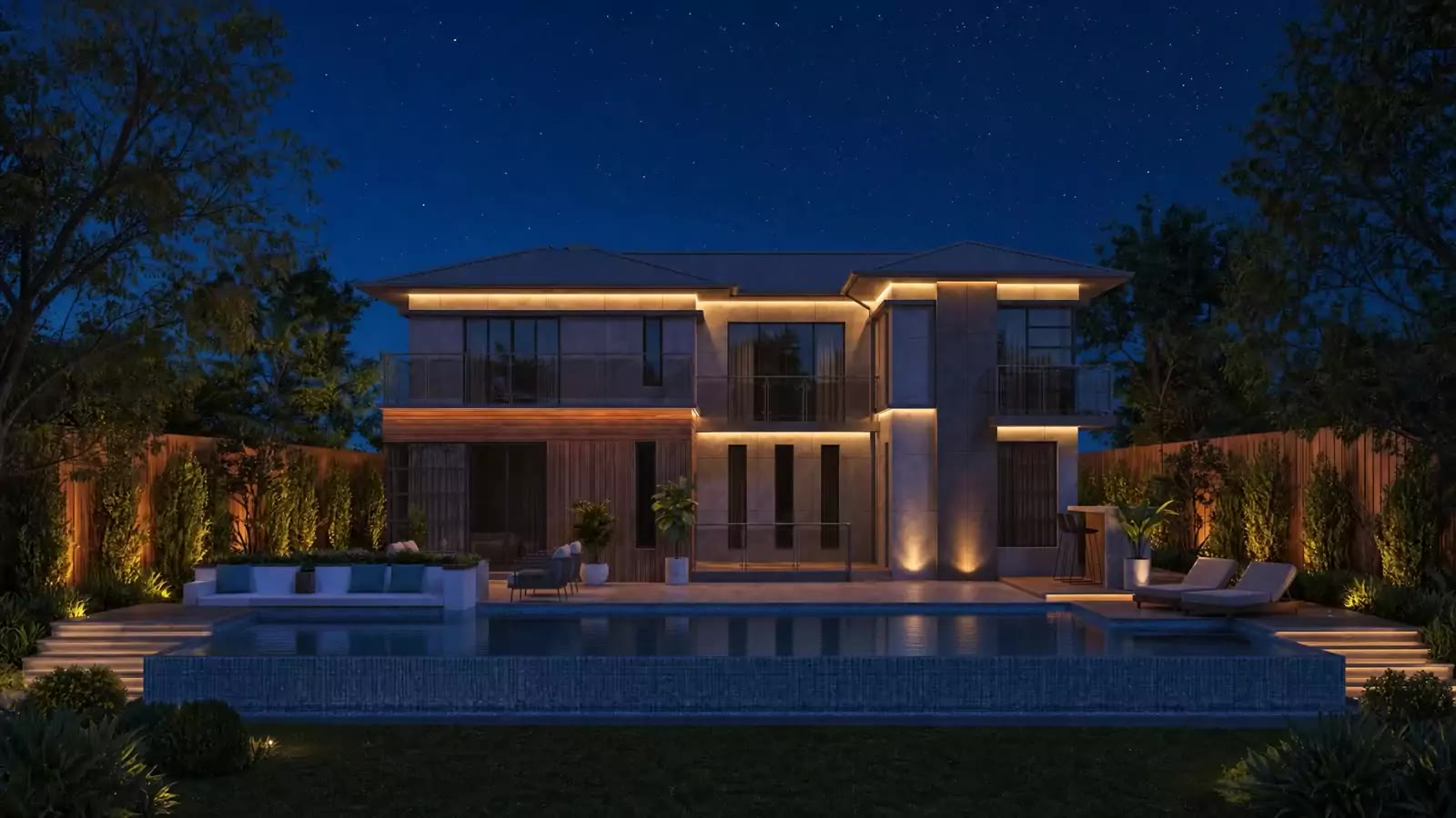 The same home at night with permanent soffit lighting on