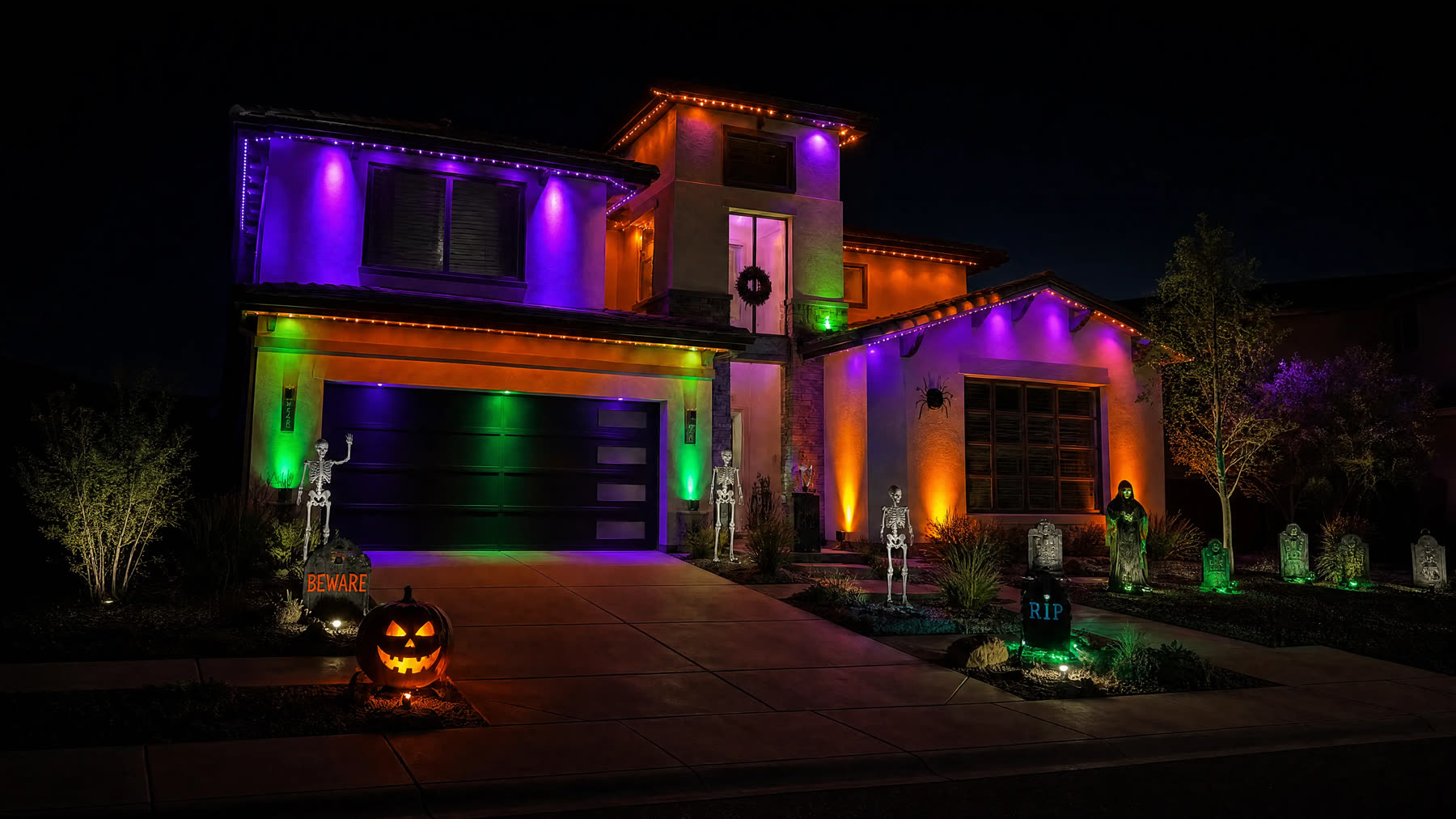 A home lit in purple, orange, and green for Halloween